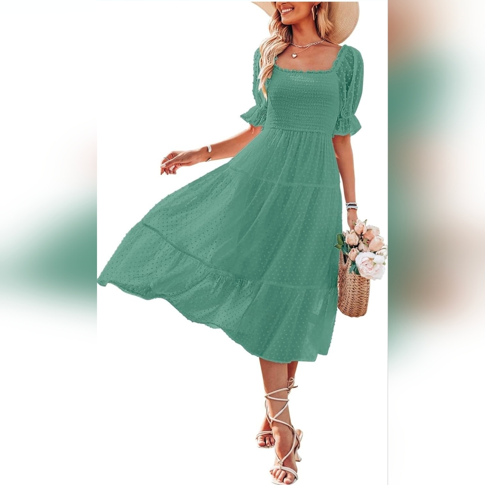 MEROKEETY Women's Square Neck Puff Sleeve Boho Midi Dress Small